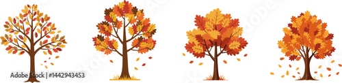 Set of Four Autumn Trees with Falling Leaves Illustration Vector