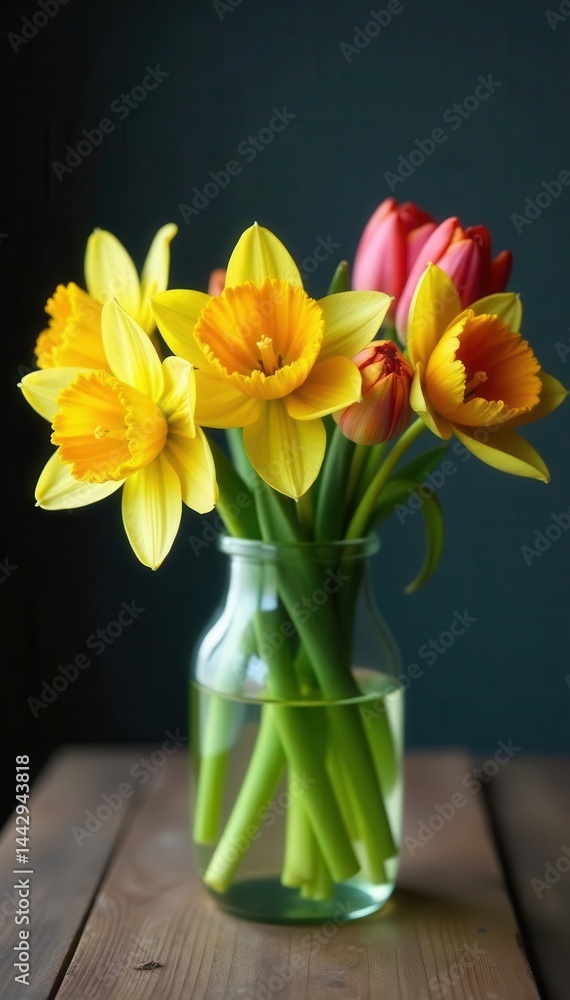 Vibrant tulips, daffodils in glass vase on rustic wood , arrangement, flora Vibrant tulips, daffodils in glass vase on rustic wood , arrangement, flora