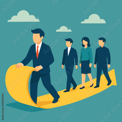 Business Leader Rolling Arrow Path to Guide Team Progress