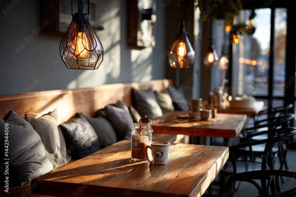 Cozy coffee shop interior with warm lighting and wooden tables.