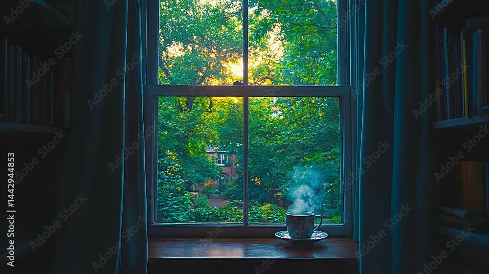 Fototapeta premium Serene morning scene a steaming cup of tea or coffee rests on a windowsill, overlooking a lush green garden bathed in sunlight.