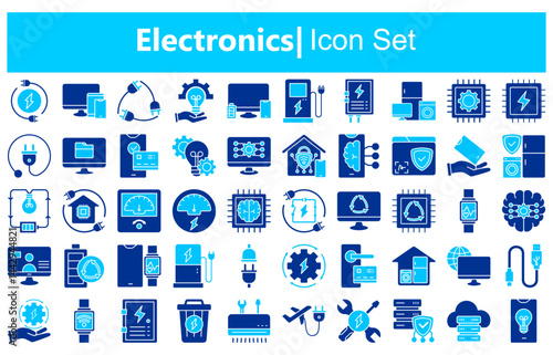 Electronics icons set. Set of laptop, smart watch, fitness bracelet, smartphone, tablet, monitor, tv box, camera, dvr, game console, gps navigator, video projector, adsl modem icons