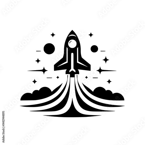 Stylized Black and White Rocket Launch Icon with Stars and Planets - Vector Illustration