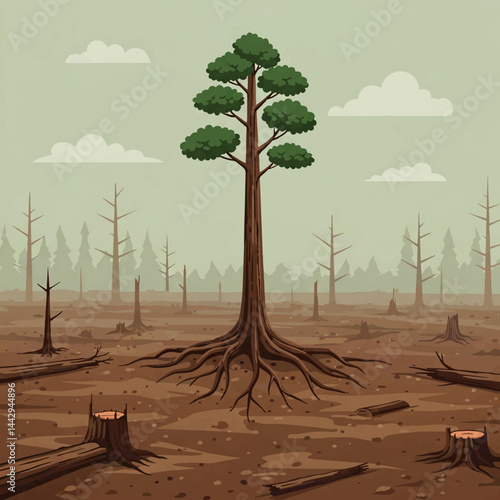 Illustration of Deforestation with a Single Surviving Tree Vector