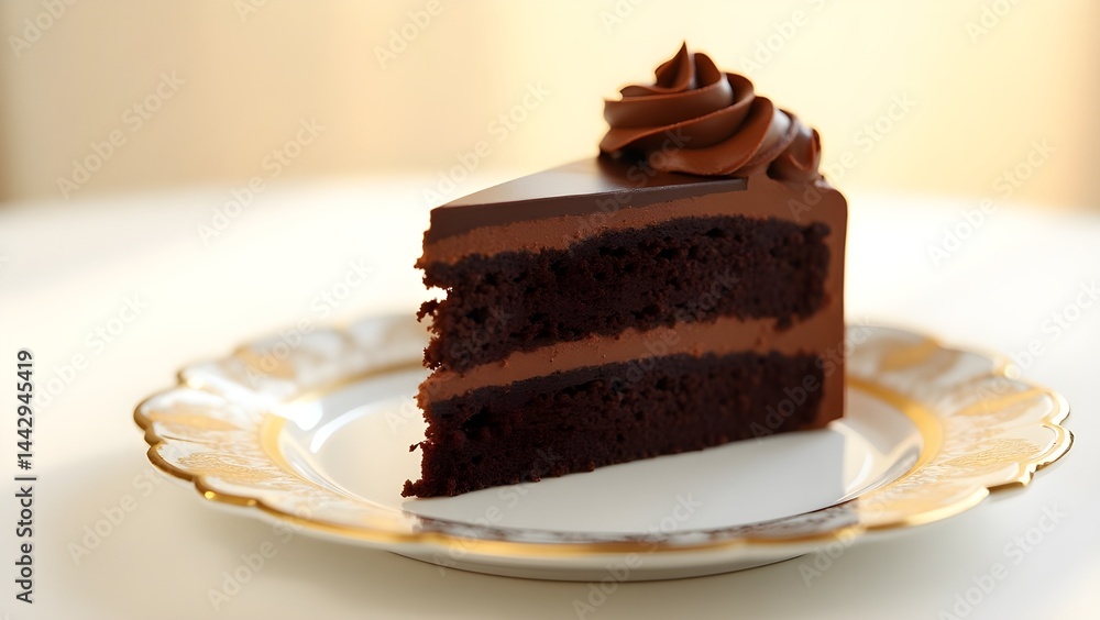 Chocolate cake slice on elegant plate. Chocolate cake slice on elegant plate.