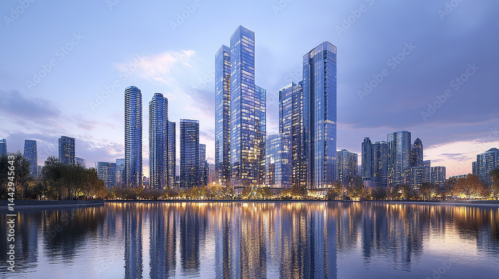 Obraz premium Urban skyline with high rise office buildings reflecting water dusk, creating serene atmosphere