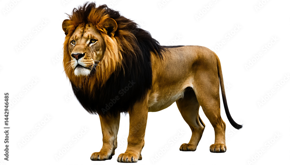 Obraz premium Majestic Lion Standing Proud on White Background, Wildlife Portrait, King of the Jungle, Powerful Big Cat, Safari Animal, Realistic Lion Photography
