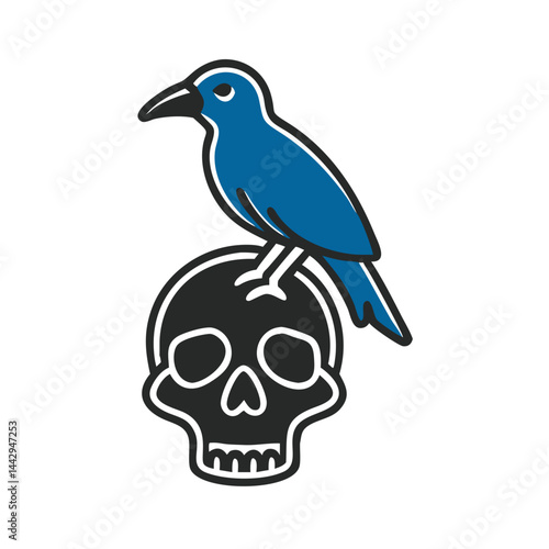 Blue Bird Perched on a Skull in a Minimalist Style  