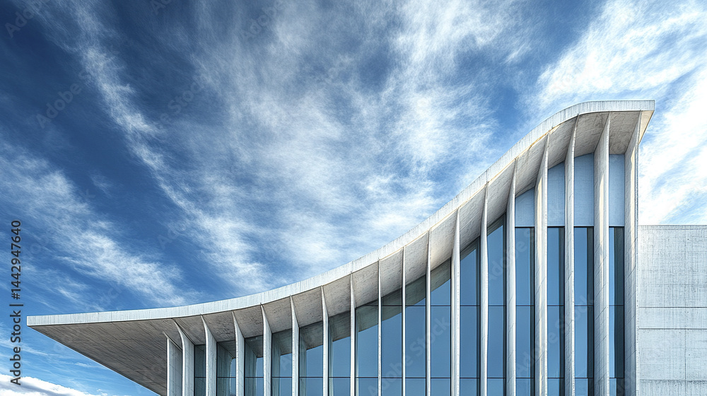 Fototapeta premium Modern architectural design features sleek office tower with curved roof and large glass windows