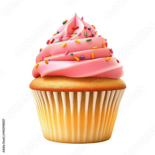 Delicious vanilla cupcake with pink frosting and colorful sprinkles on a white background perfect for dessert or bakery themed images