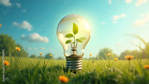 A creative light bulb with a growing plant inside, symbolizing sustainability and innovation in a vibrant green field.