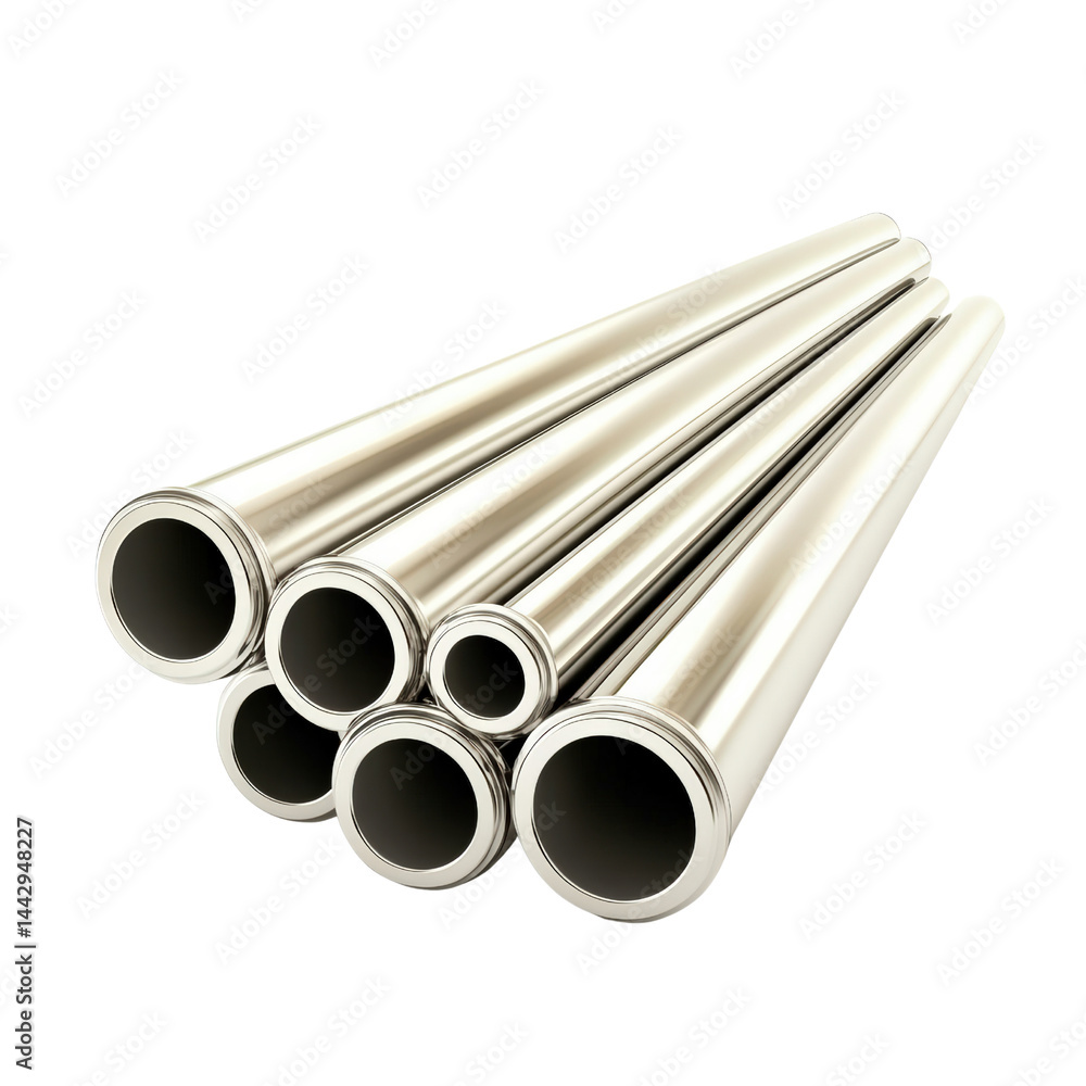 Fototapeta premium Set of six highly reflective shiny metal tubes with different diameters arranged on a white background for industrial construction and enginee projects