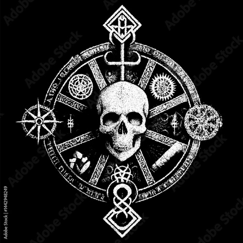 Occult skull label, mystic symbol within a circular rune diagram with esoteric and alchemical signs in white dotwork on black, ancient retro style
