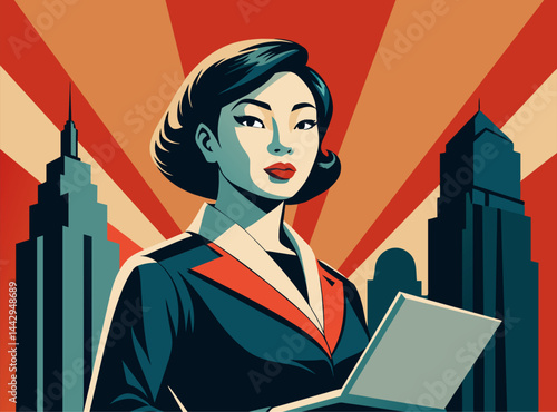 Powerful asian business woman with laptop, in retro poster style. Confident asian businesswoman