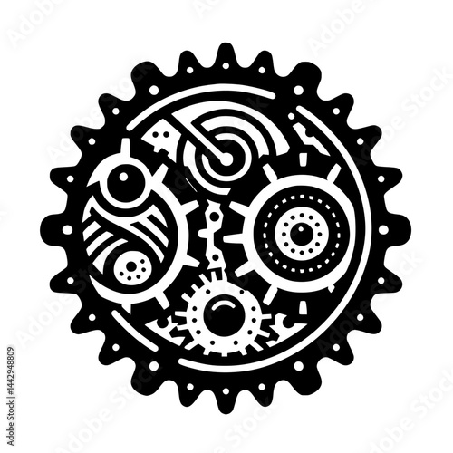 Intricate Abstract Steampunk Gear Symbol Black and White Graphic