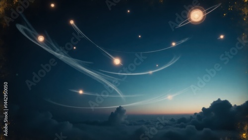 Celestial Trails: Glowing orbs and ethereal trails across a dreamy twilight sky
