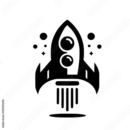 Minimalist Graphic Rocket Ship Icon Launching to Space - Black and White Illustration