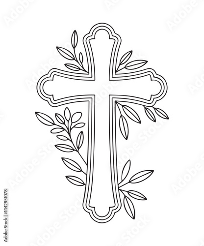 Christian cross symbol good friday coloring page for kids, black line art vector illustration on white background 