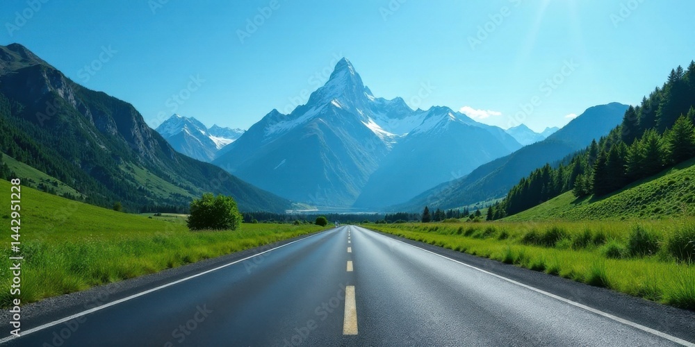 Naklejka premium Asphalt Road Winding Through Majestic Mountain Valley, Serene Landscape with Lush Green Meadows and Snow-Capped Peaks, Inspiring Journey Ahead