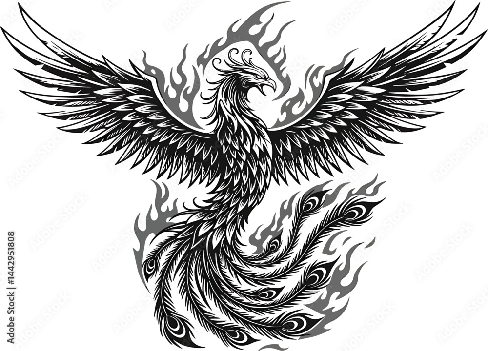 Obraz premium Phoenix Rising: Black and White Vector Art