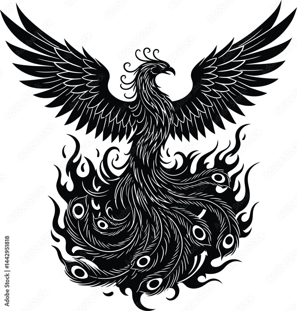 Fototapeta premium Phoenix Rising: Black and White Vector Art