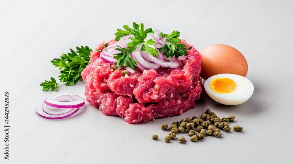Fresh Ground Meat with Onion, Egg and Herbs on Light Background