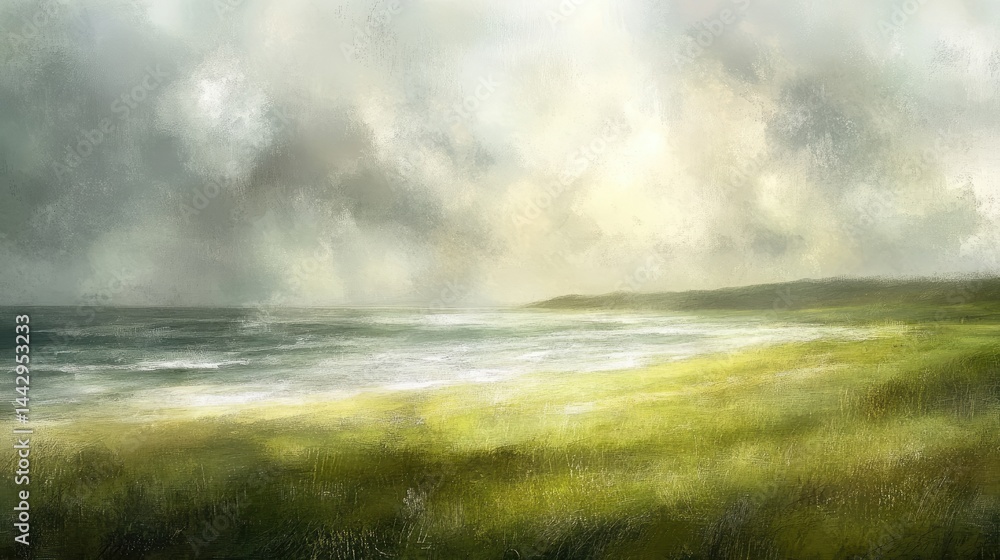 Obraz premium A serene coastal landscape painting of a grassy shore.