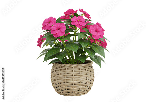 Elegant pink impatiens blossoms in a woven basket, creating a delicate floral arrangement