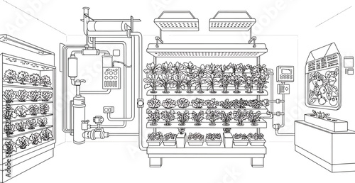 Indoor Hydroponic Vegetable System, Vector Illustration