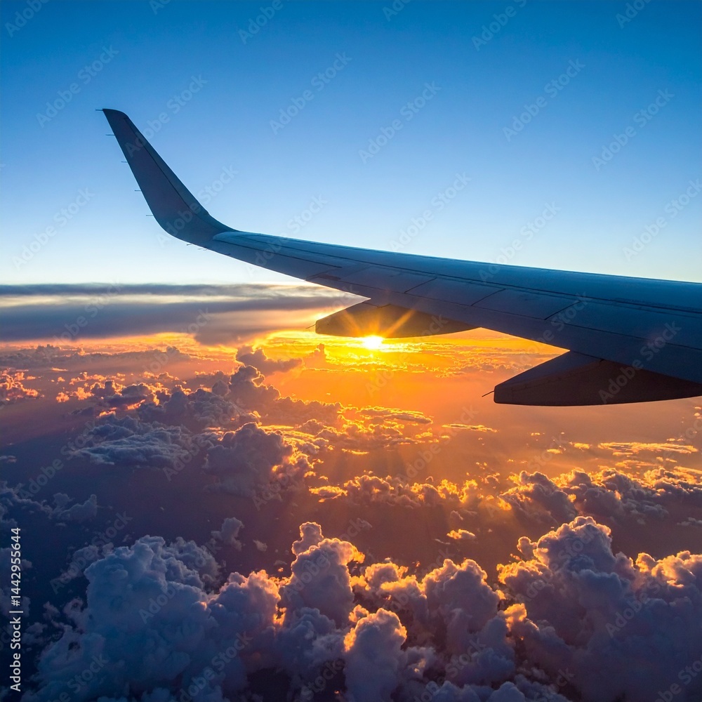 View from airplane window to sunset. View from airplane window to sunset.