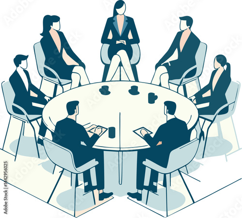 Business Vector Illustration Office New Client Deal - Team of People Featuring Collaborative Coworkers Engaged in a Project Discussion