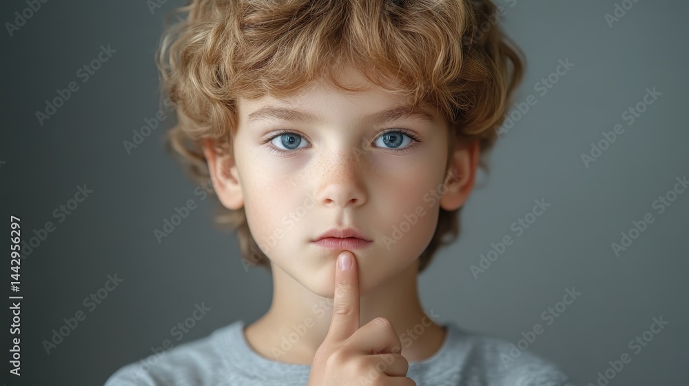 Thoughtful caucasian child with curly hair contemplating in gray background Thoughtful caucasian child with curly hair contemplating in gray background