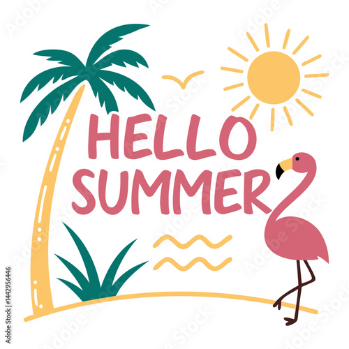 Hello summer tropical beach vacation design with flamingo palm tree sun and waves for summer fun time 2024 isolated on transparent background