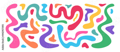 Shape organic, funky line wavy, liquid blob, curve doodle element, abstract bold paint scribble, colorful fluid form, groovy kid bubble isolated on white bg. Fun stripes hand draw. Vector illustration