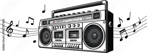 Retro Boombox with Music Notes - Vector Illustration