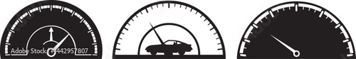 Three black and white car speedometer gauges showing different readings.