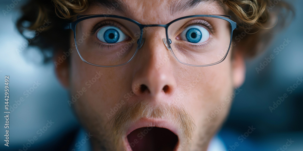 Nahaufnahme eines schockierten Mannes mit lockigen Haaren, Brille und weit geöffnetem Mund