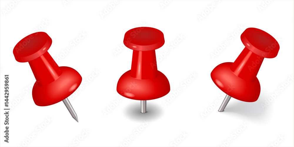 The red colorful thumbtacks set. Red pushpin isolated on transparent background. Office stationery. Pins tacks. Realistic pushpins. Glossy plastic pin tacks. Vector 3d illustration. The red colorful thumbtacks set. Red pushpin isolated on transparent background. Office stationery. Pins tacks. Realistic pushpins. Glossy plastic pin tacks. Vector 3d illustration.