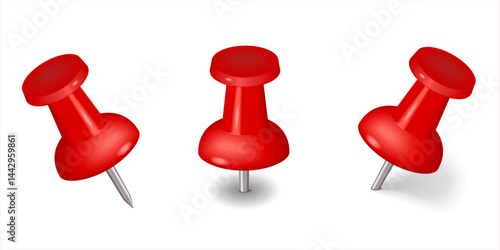 The red colorful thumbtacks set. Red pushpin  isolated on transparent background. Office stationery. Pins tacks. Realistic pushpins. Glossy plastic pin tacks. Vector 3d illustration.