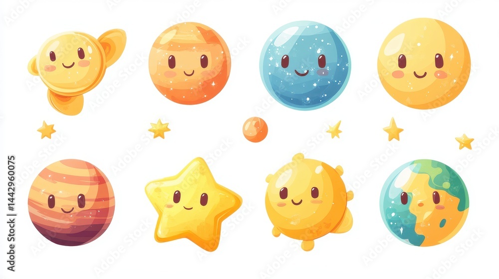Cute cartoon planets and stars with faces in outer space Cute cartoon planets and stars with faces in outer space