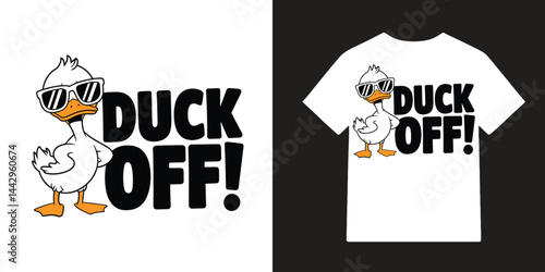 Cool Duck Wearing Sunglasses with 'Duck Off!' Slogan Funny T-Shirt Design Mockup, Vector Illustration for Apparel Prints, Social Media Posts, and Merchandise
