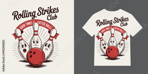 Retro Bowling T-Shirt Design Fun Cartoon Bowling Pins and Ball, 'Rolling Strikes Club' Vintage Apparel Mockup, Good Times and Gutter Balls Illustration