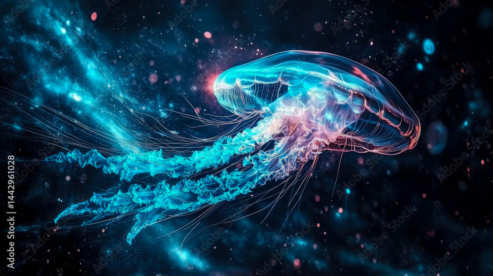 Cosmic Jellyfish Dream: A bioluminescent jellyfish drifts in a nebula of swirling colors and light