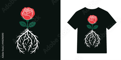 Stunning Red Rose with Intricate Roots Vector Graphic Design for T-Shirt Prints, Logos, and Botanical Illustrations - Minimalist Style