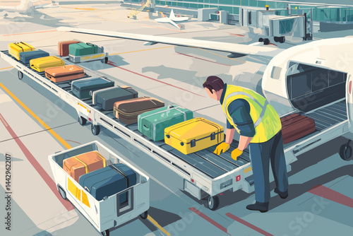 Airport baggage handler loading luggage — flat illustration