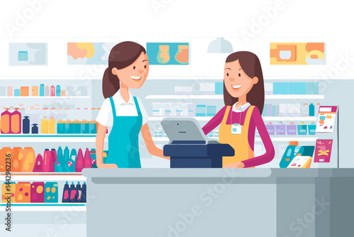 Sales assistant helping a customer in a retail store — flat illustration