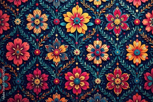 Intricate paisley floral pattern in vibrant hues, fabric, repeat