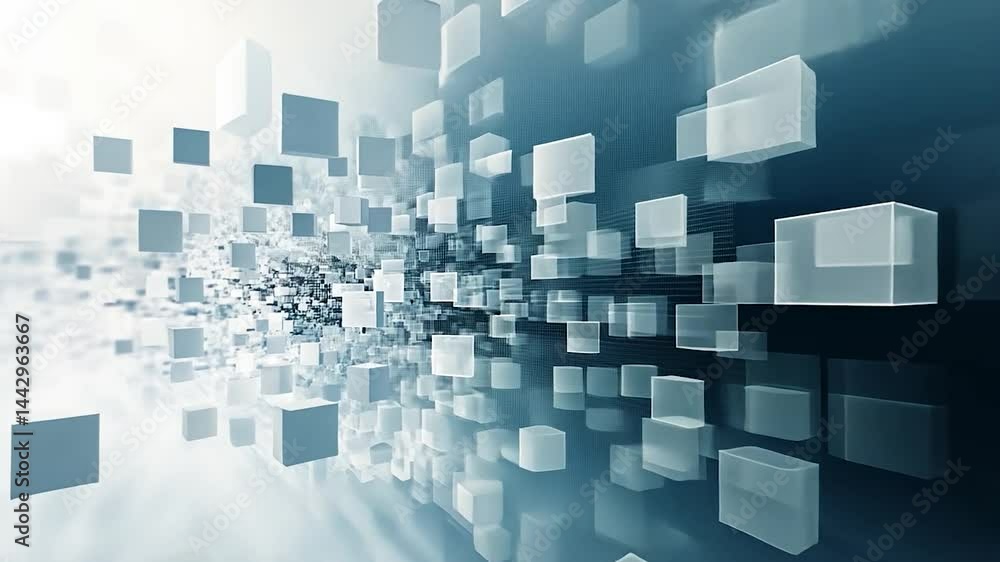 3D rendering of a digital space with translucent cubes and abstract shapes 3D rendering of a digital space with translucent cubes and abstract shapes