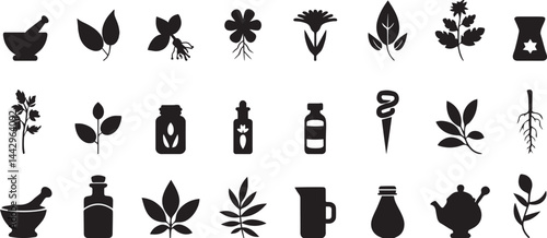 Collection of Black and White Herbal and Botanical Icons