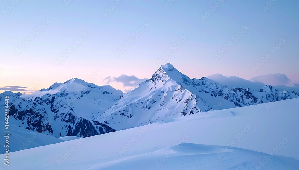Fototapeta premium Majestic peaks cloaked in fresh snow, low drifting clouds brushing the highest points, soft winter twilight bathing the scene,